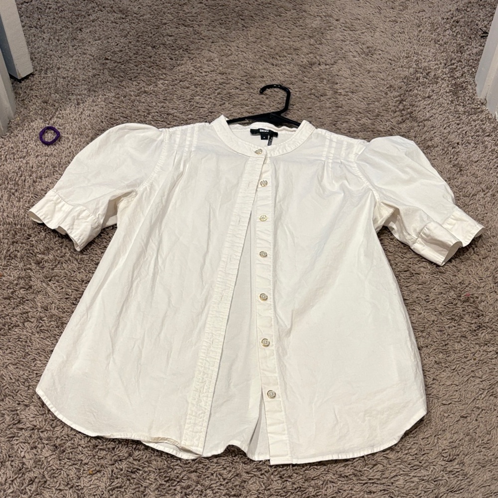 DKNY White Button Down Shirt with Puff Sleeves